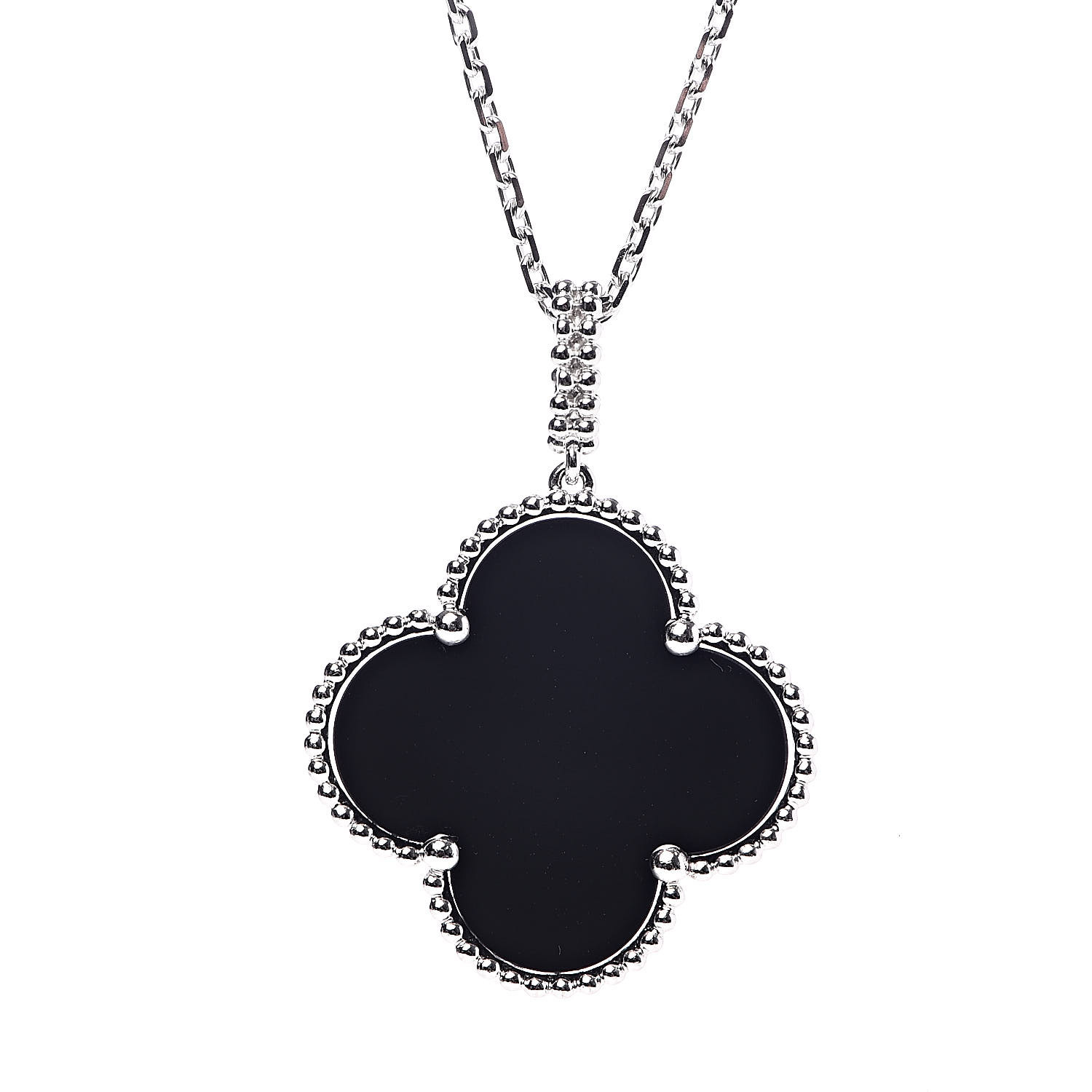 [TOP] Van Cleef & Arpels VCA 18K White Gold Black Onyx Magic Alhambra Pendant Necklace  - Black