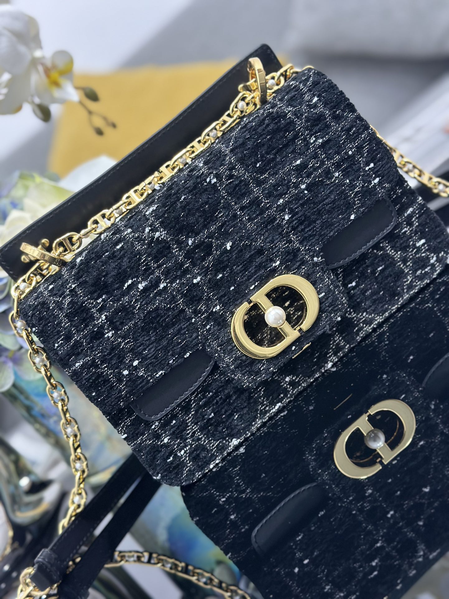 [TOP] Christian Dior Jolie Top Handle Bag Tweed 22x14x8cm - Black