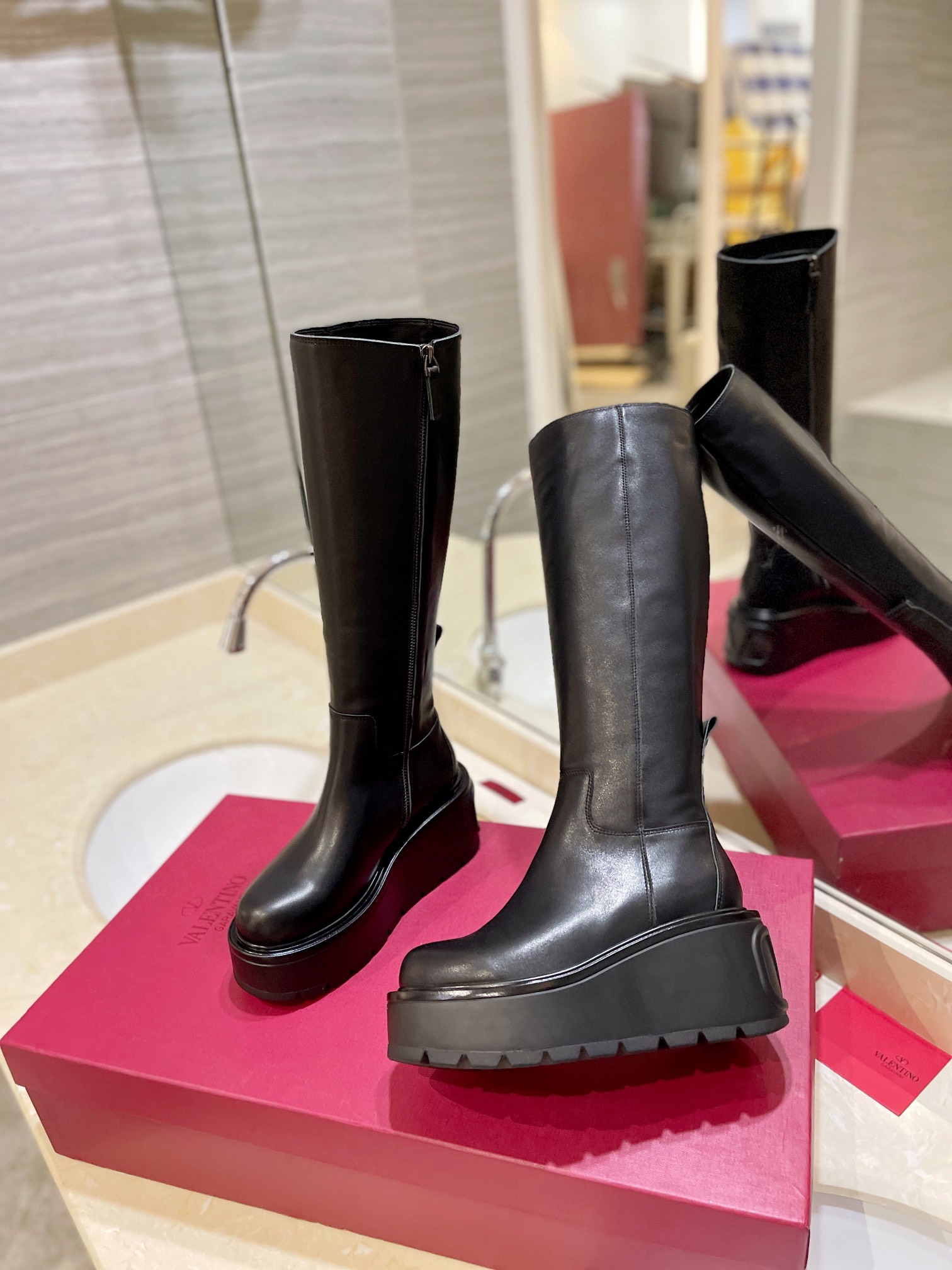 [TOP] VALENTINO 7.5cm High Heel Long Boots - Black