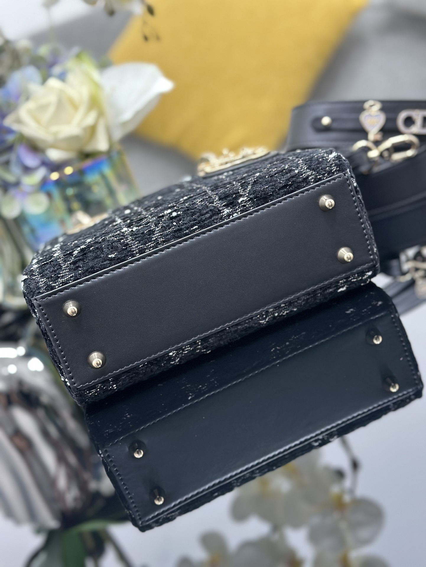 [TOP] Christian Dior Lady Dior Bag Tweed 20x16.5x8cm - Black