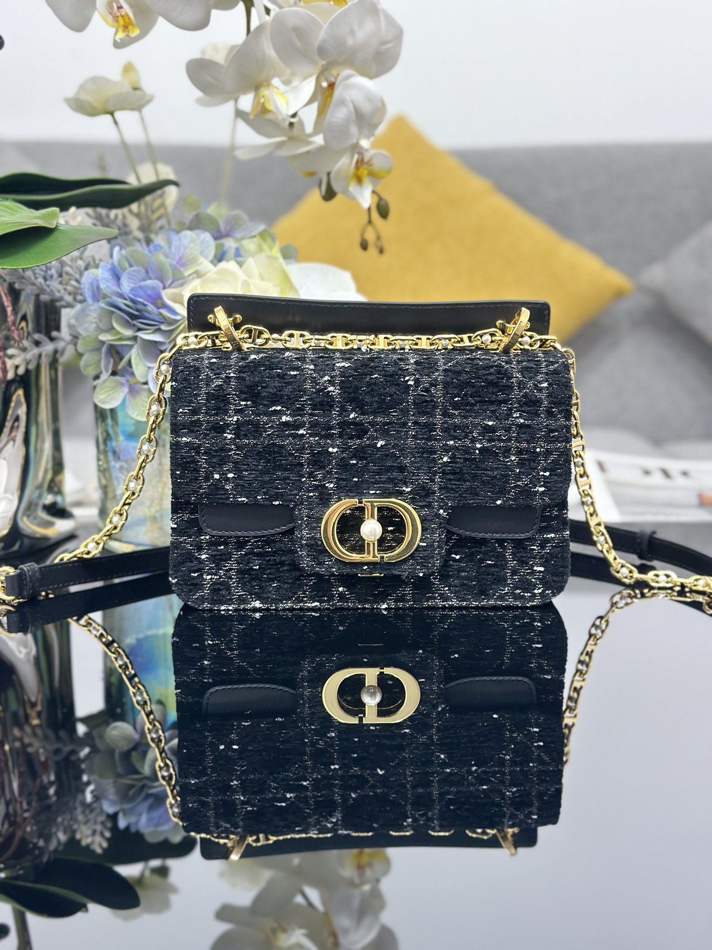 [TOP] Christian Dior Jolie Top Handle Bag Tweed 22x14x8cm - Black