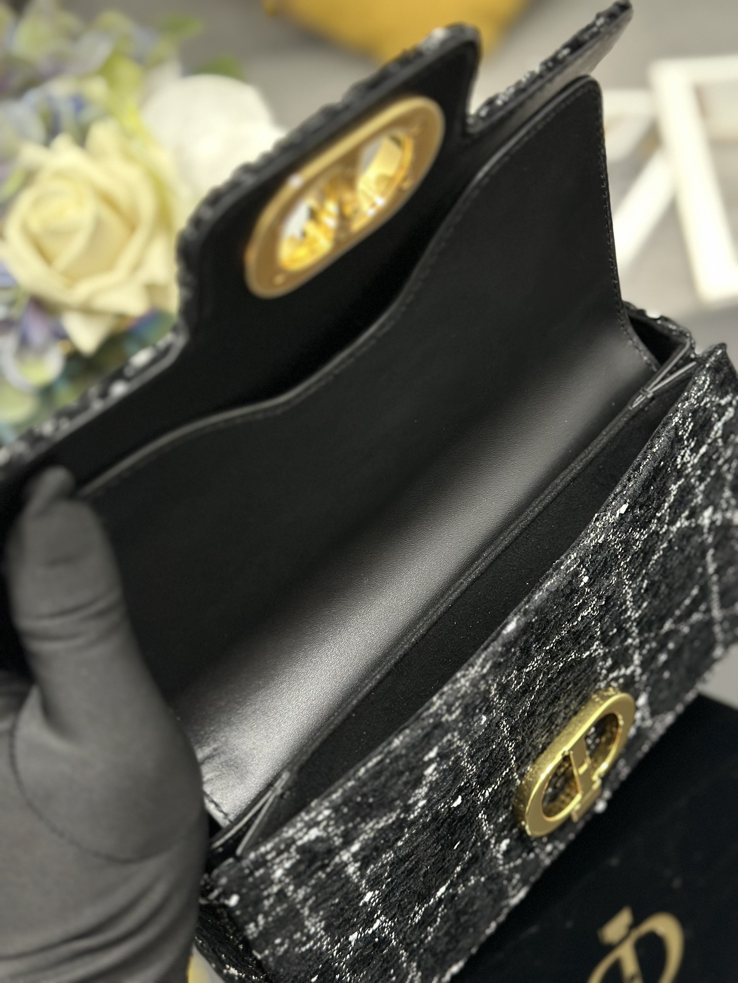 [TOP] Christian Dior Jolie Top Handle Bag Tweed 22x14x8cm - Black