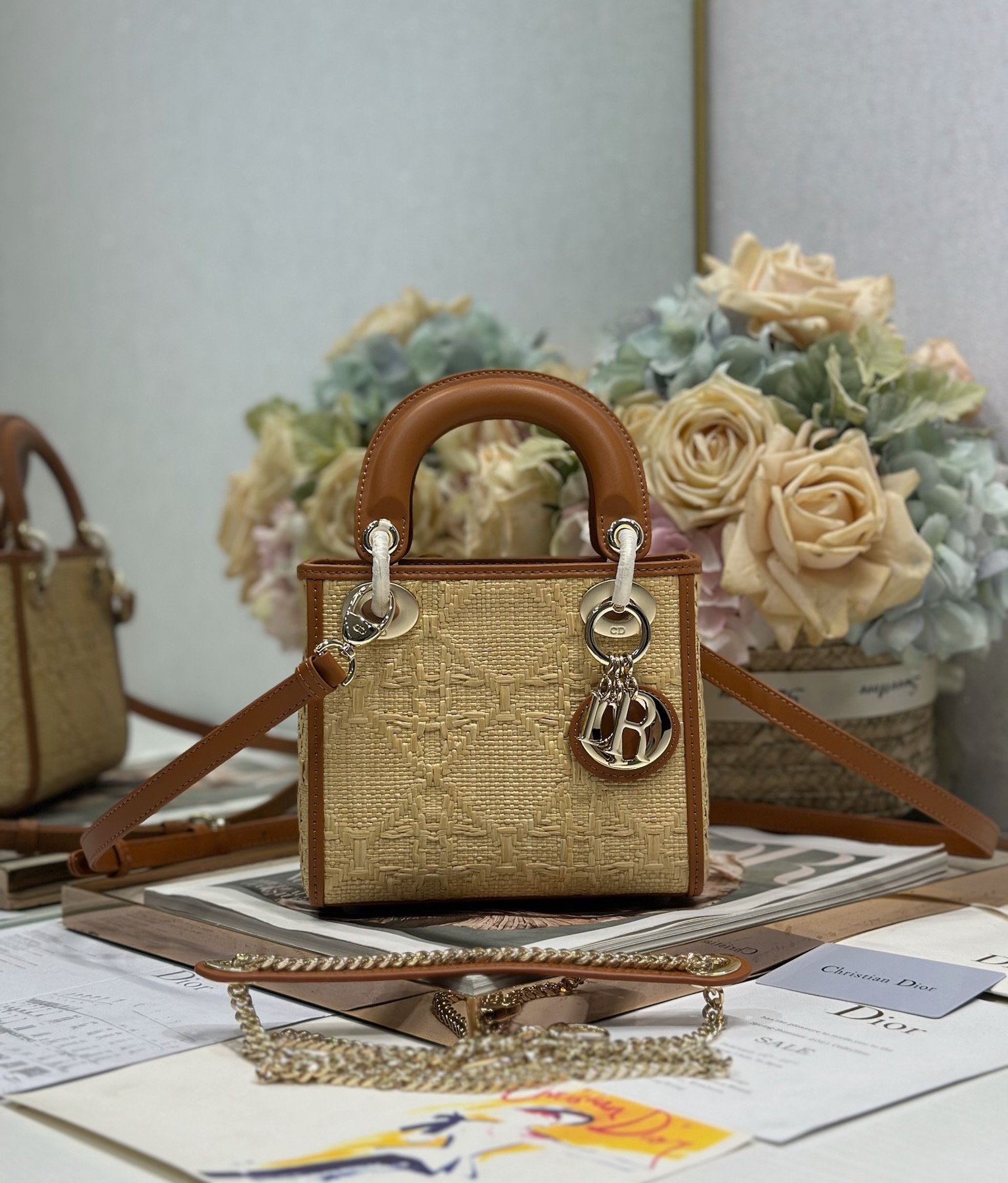 [TOP] Christian Dior Lady Dior Bags Weaving 17x15x7cm/20x17x8cm/24x20x11 cm - Brown
