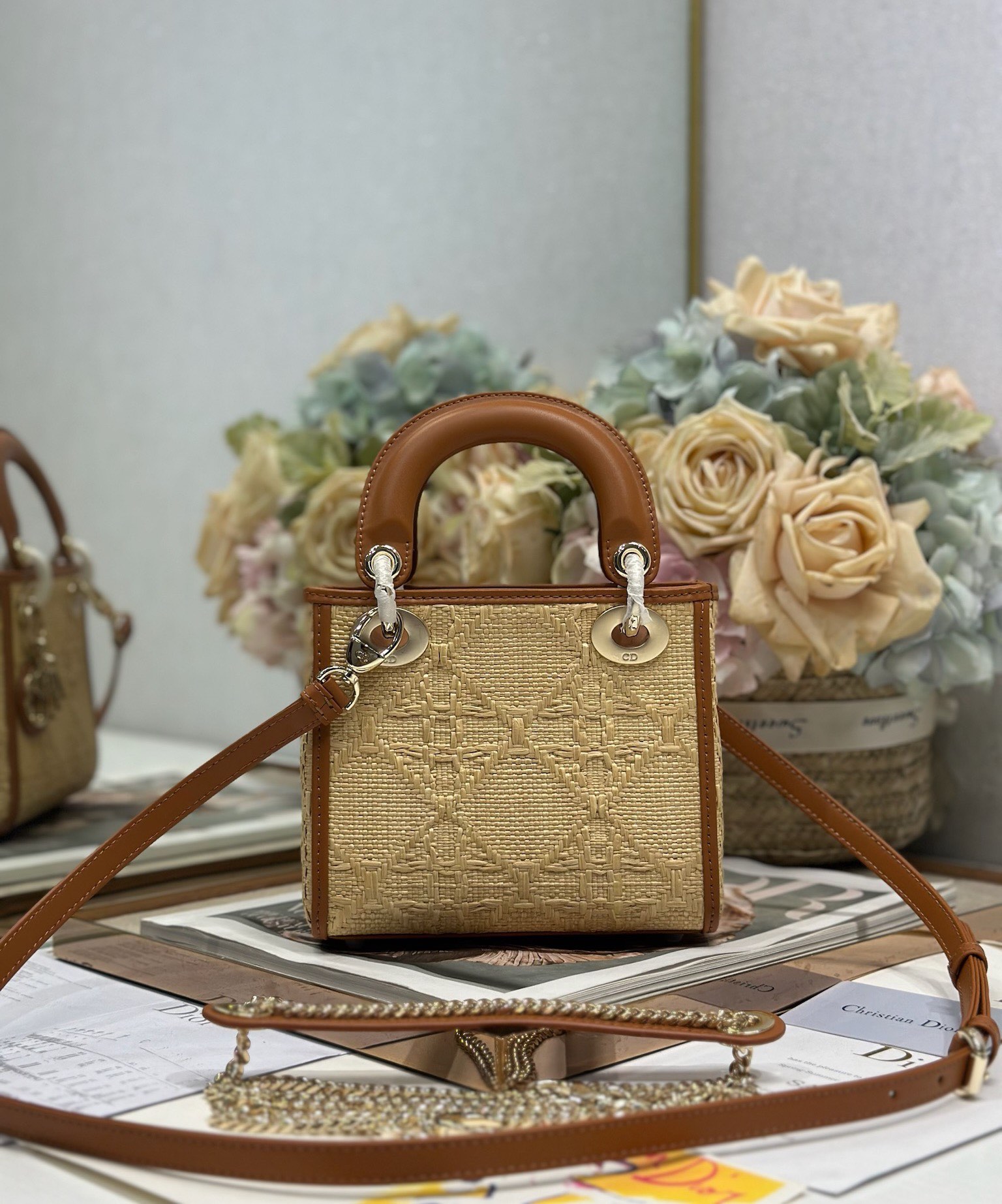 [TOP] Christian Dior Lady Dior Bags Weaving 17x15x7cm/20x17x8cm/24x20x11 cm - Brown