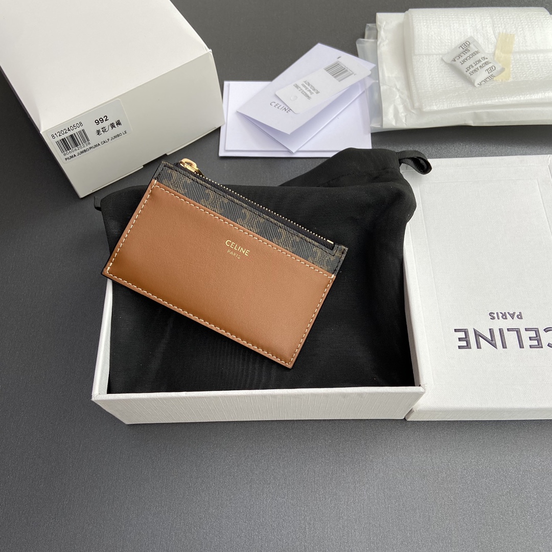 [TOP] CELINE Triomphe Logo Print Leather Card Holder 11.5x7.5cm - Tan/Monogram