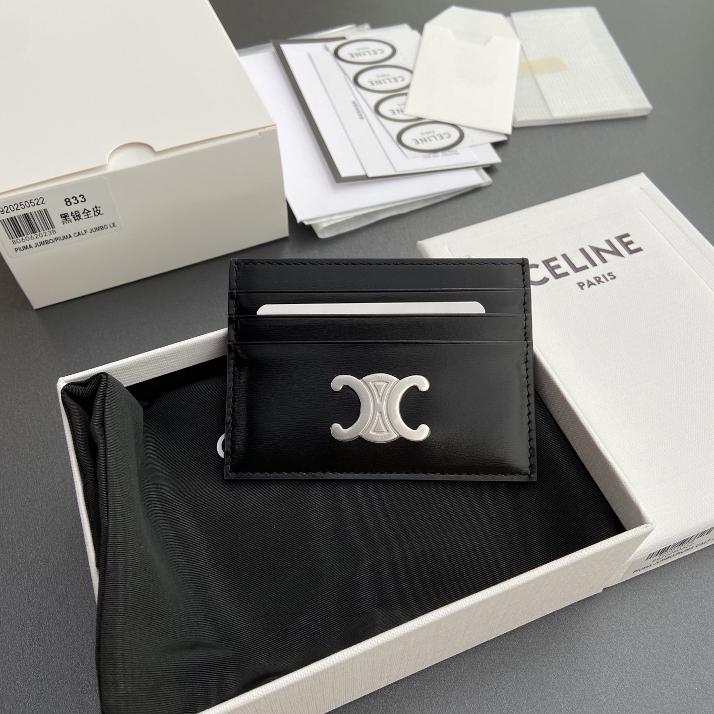 [TOP] CELINE Calfskin Card Holder 11x8cm - Black&SHW