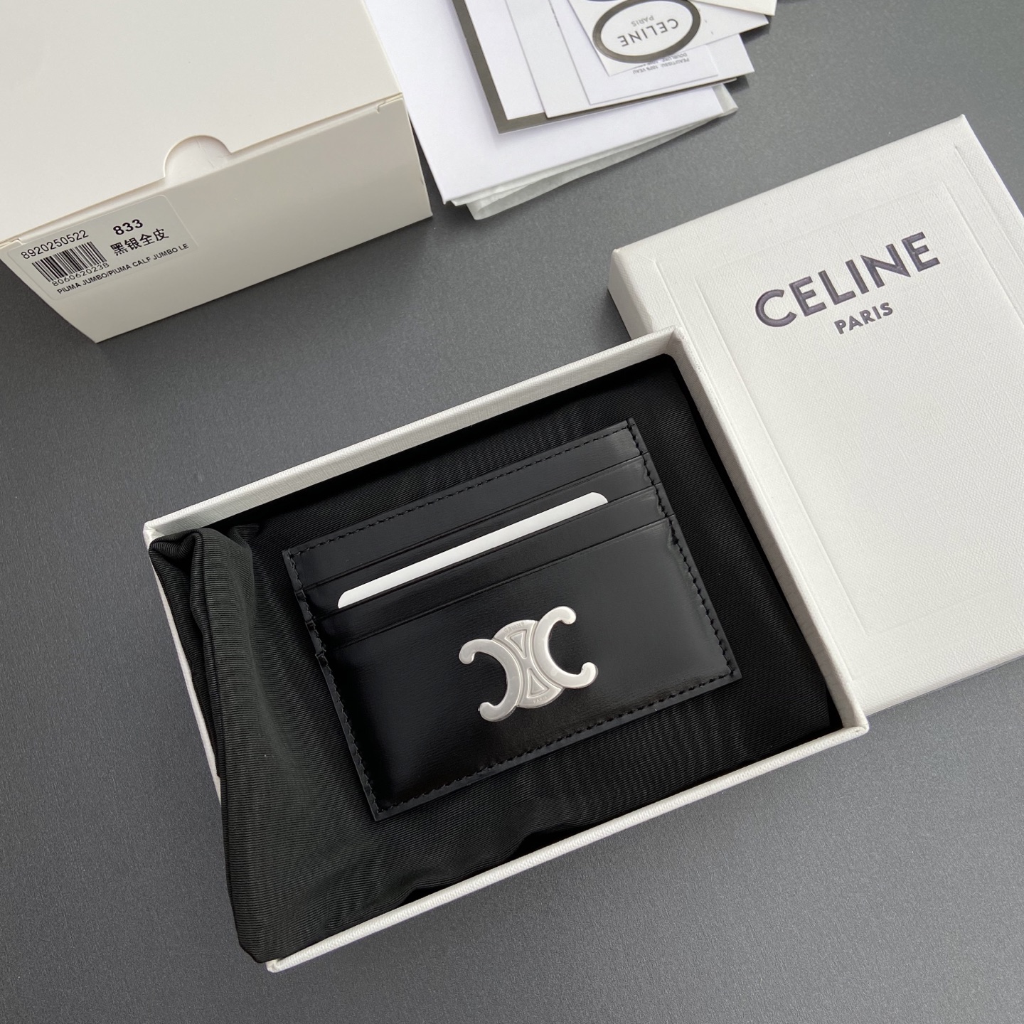 [TOP] CELINE Calfskin Card Holder 11x8cm - Black&SHW