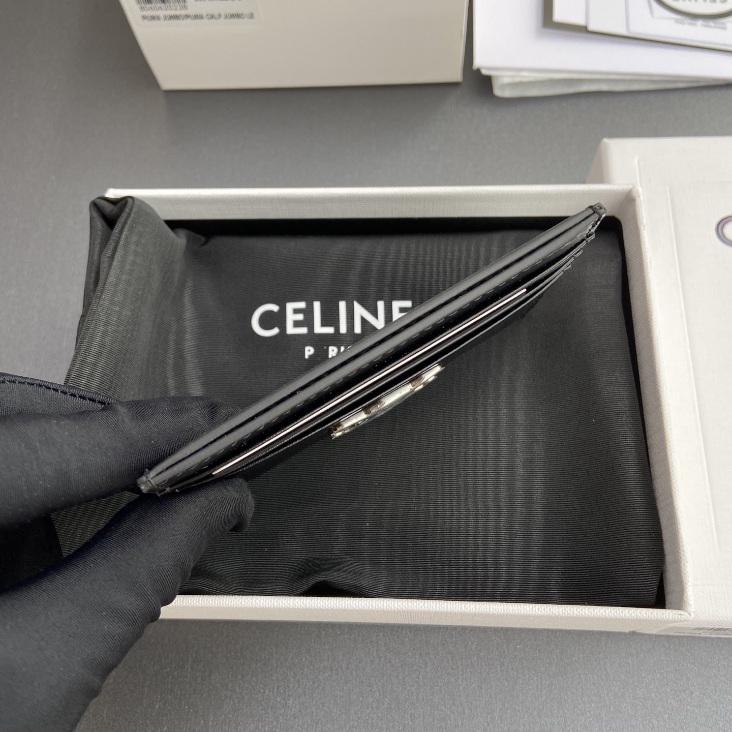 [TOP] CELINE Calfskin Card Holder 11x8cm - Black&SHW