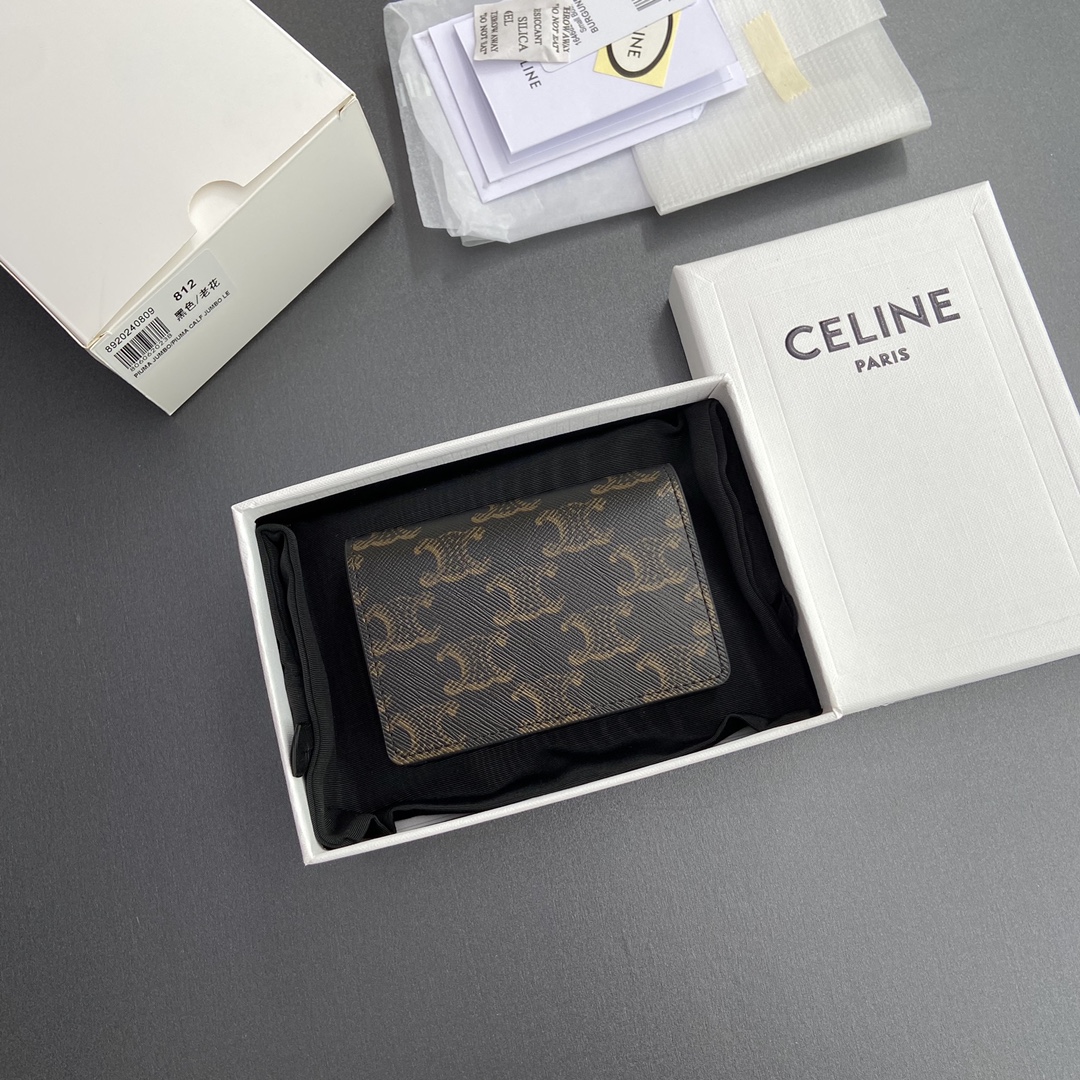 [TOP] CELINE Triomphe Logo Print Leather Card Holder 10.5x7x2cm - Tan/Monogram