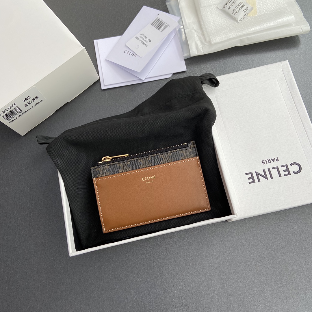 [TOP] CELINE Triomphe Logo Print Leather Card Holder 11.5x7.5cm - Tan/Monogram