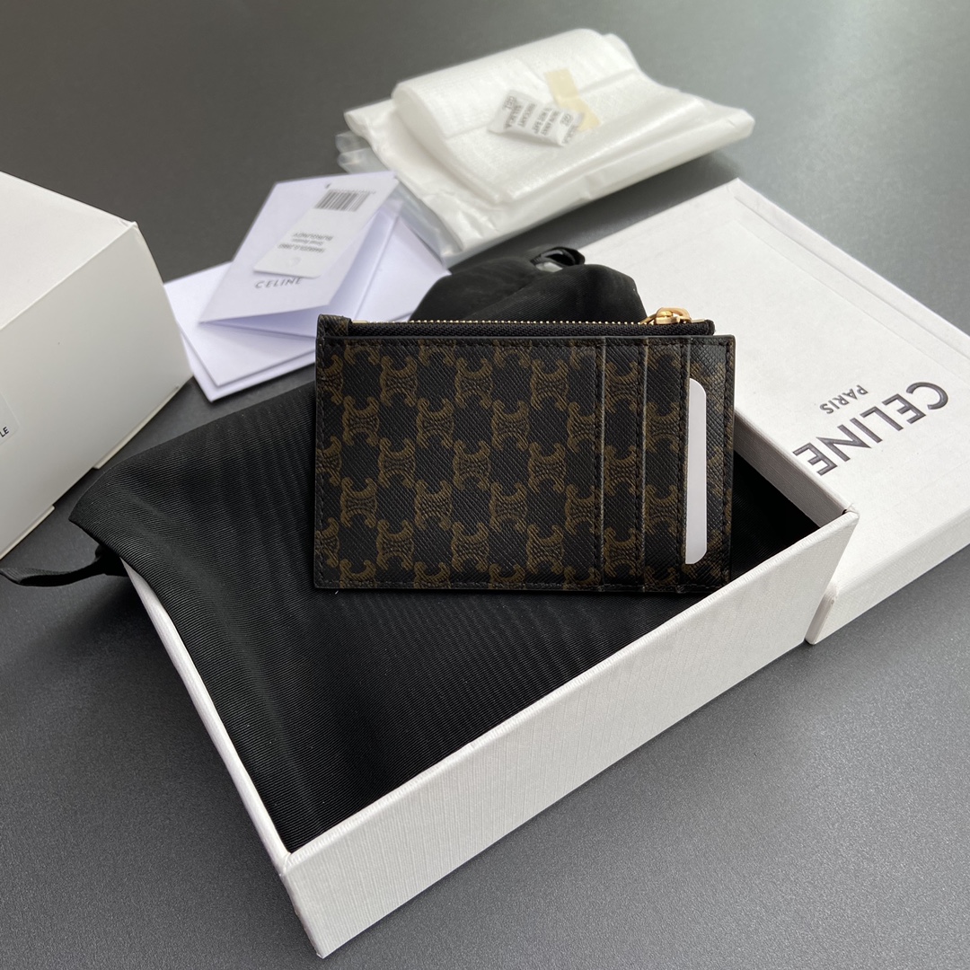 [TOP] CELINE Triomphe Logo Print Leather Card Holder 11.5x7.5cm - Tan/Monogram