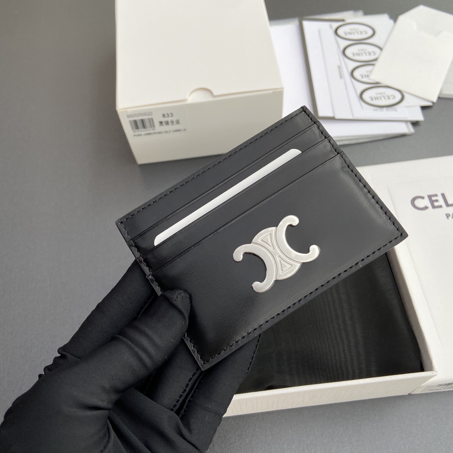 [TOP] CELINE Calfskin Card Holder 11x8cm - Black&SHW