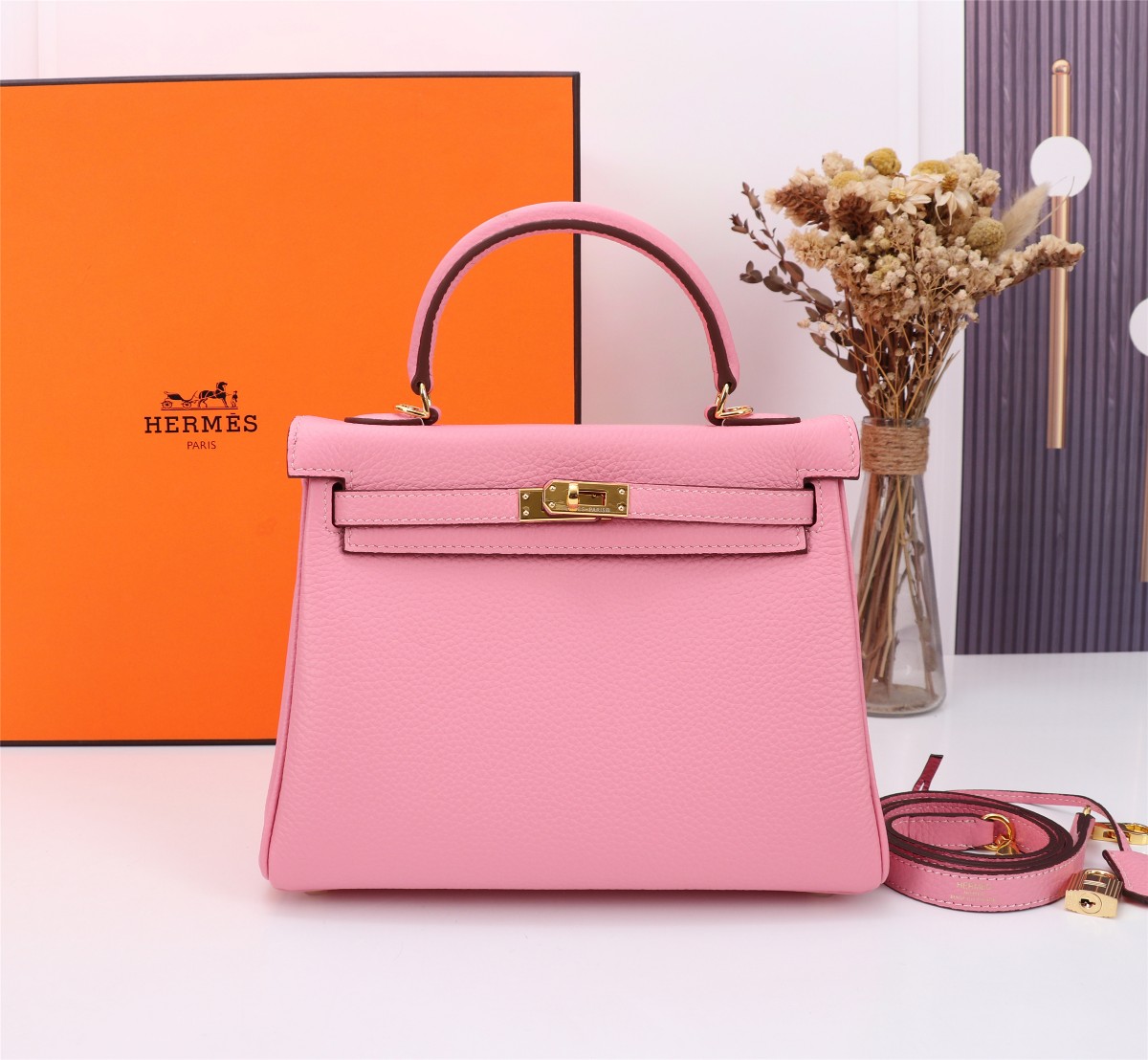[TOP] HERMES Kelly Togo Leather 25cm - Rose Sakura & GHW/SHW