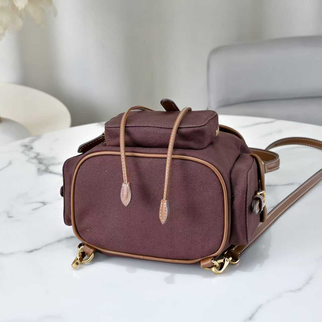 [TOP] Miu Miu Backpack Canvas+Cowhide 22x18x11.5cm/29.5x25x12.5cm - Brown
