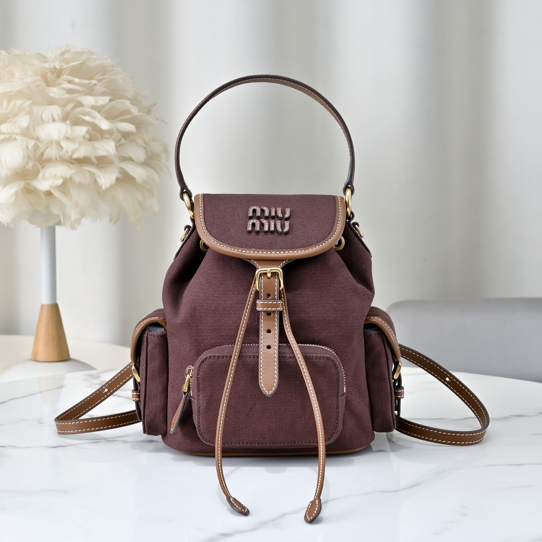 [TOP] Miu Miu Backpack Canvas+Cowhide 22x18x11.5cm/29.5x25x12.5cm - Brown