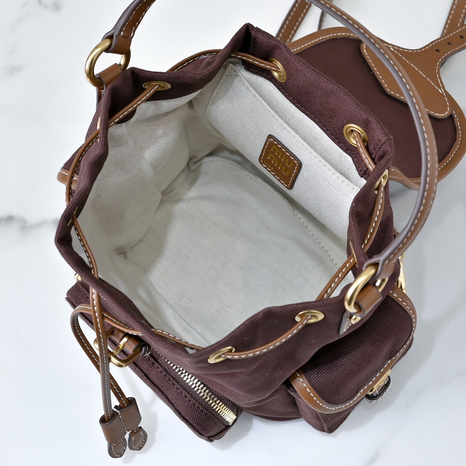 [TOP] Miu Miu Backpack Canvas+Cowhide 22x18x11.5cm/29.5x25x12.5cm - Brown
