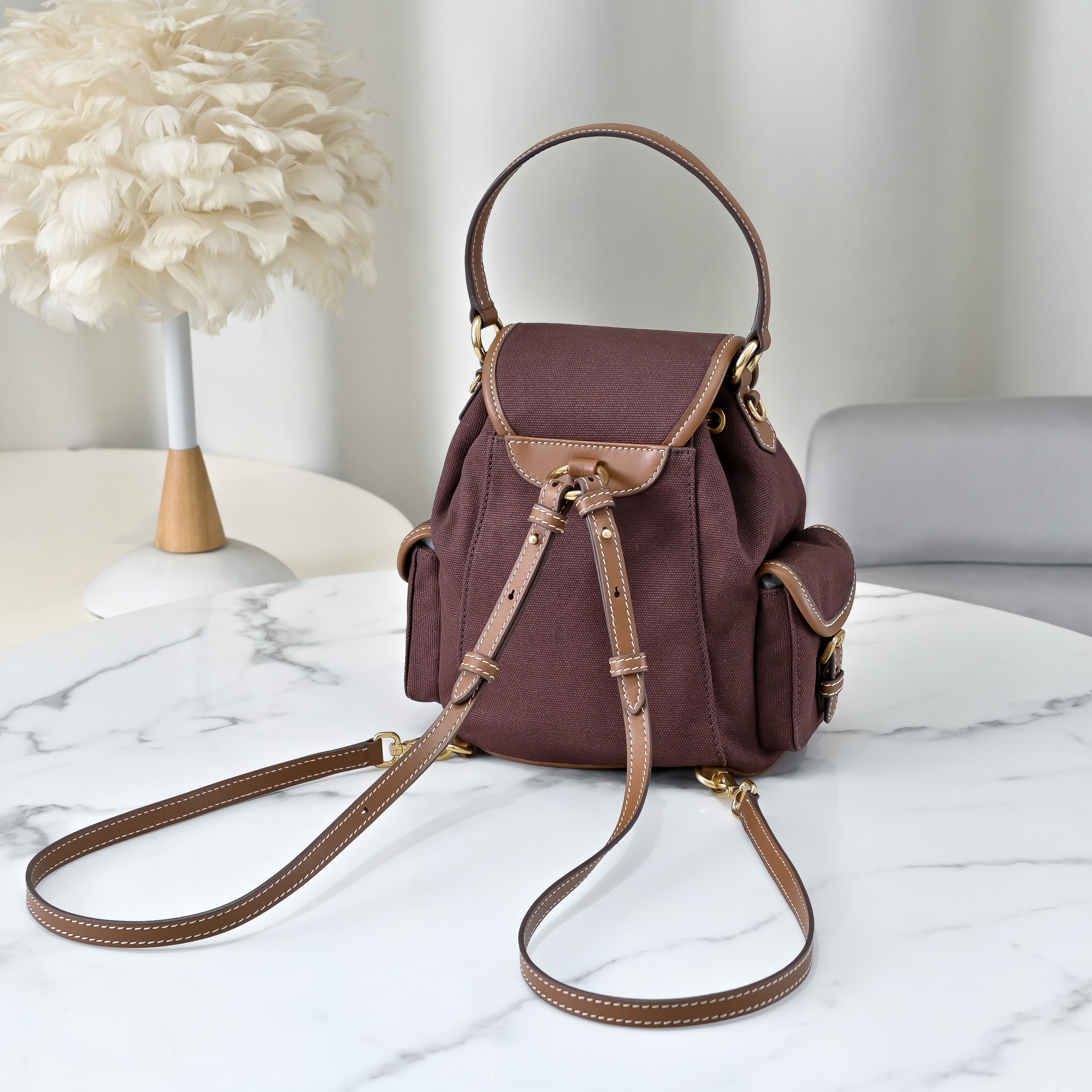 [TOP] Miu Miu Backpack Canvas+Cowhide 22x18x11.5cm/29.5x25x12.5cm - Brown