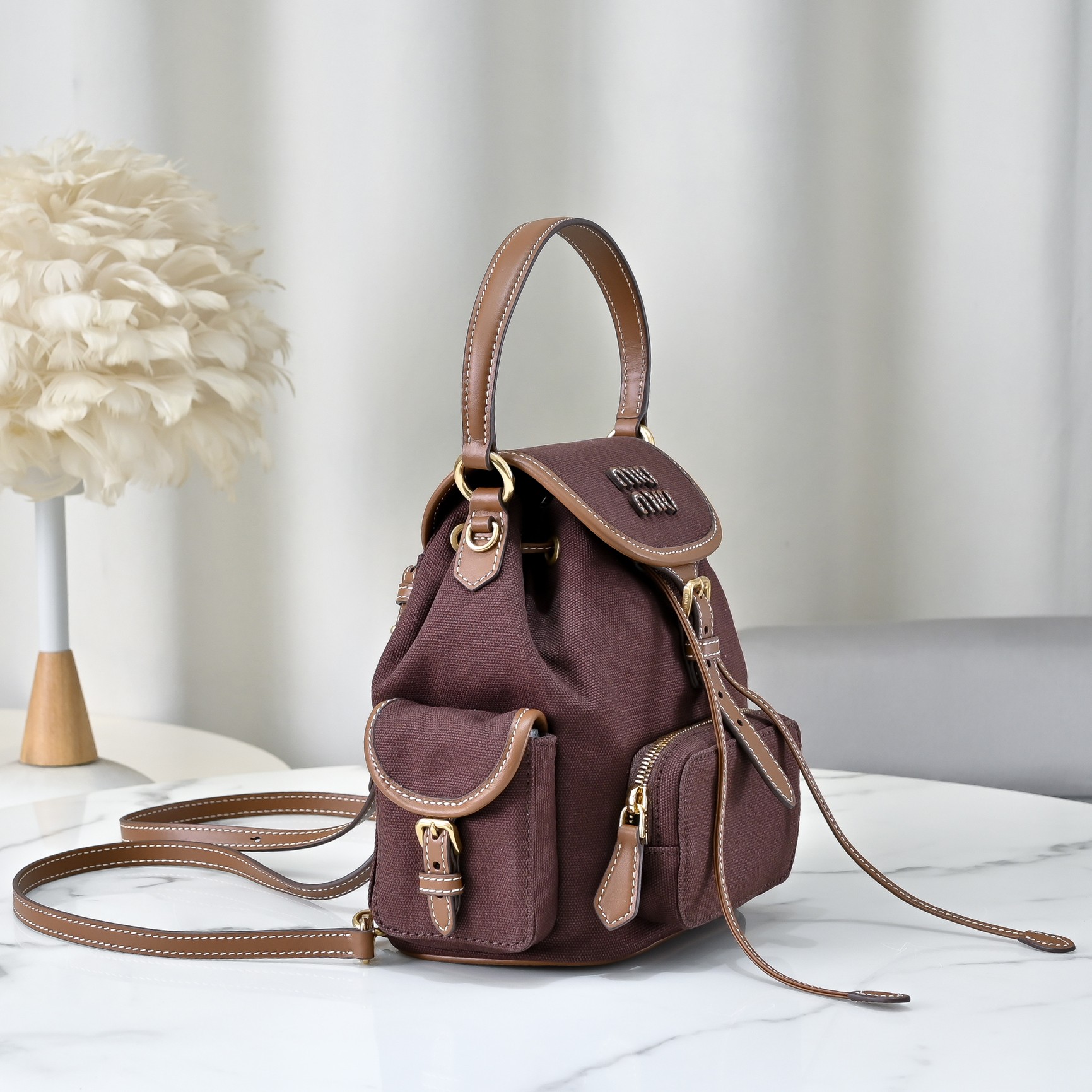 [TOP] Miu Miu Backpack Canvas+Cowhide 22x18x11.5cm/29.5x25x12.5cm - Brown