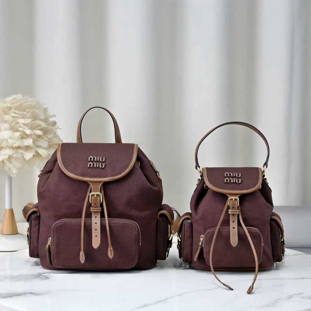[TOP] Miu Miu Backpack Canvas+Cowhide 22x18x11.5cm/29.5x25x12.5cm - Brown