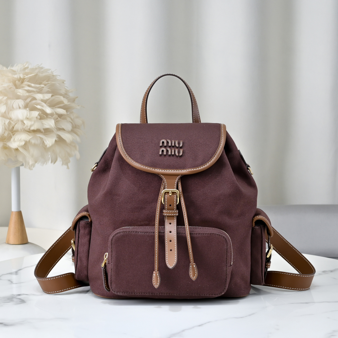[TOP] Miu Miu Backpack Canvas+Cowhide 22x18x11.5cm/29.5x25x12.5cm - Brown