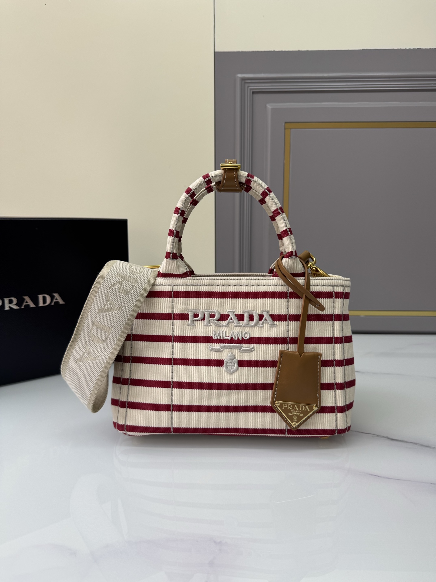 [TOP] PRADA Mini Striped Bag Canvas 22x15x13cm - 2 Color