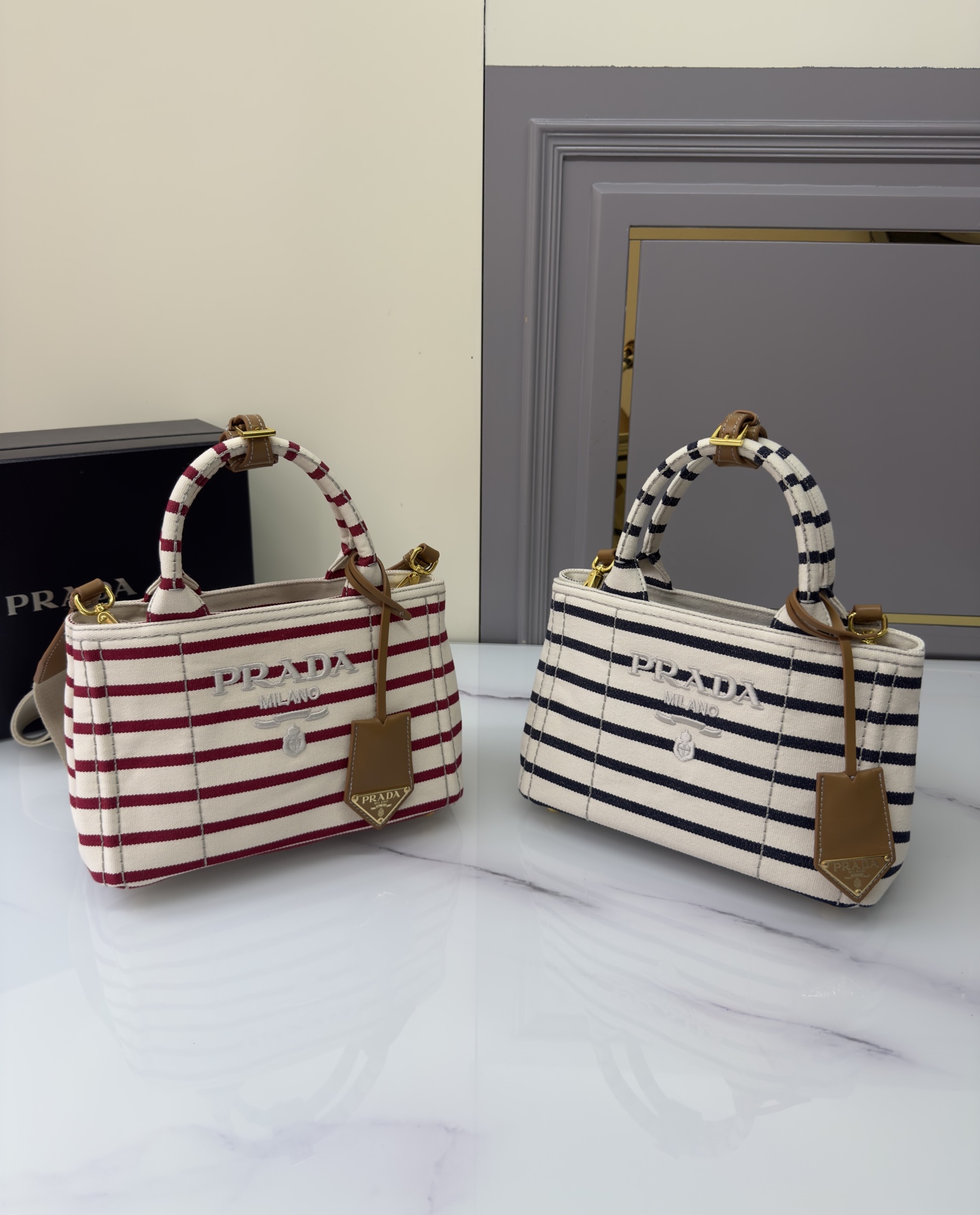 [TOP] PRADA Mini Striped Bag Canvas 22x15x13cm - 2 Color