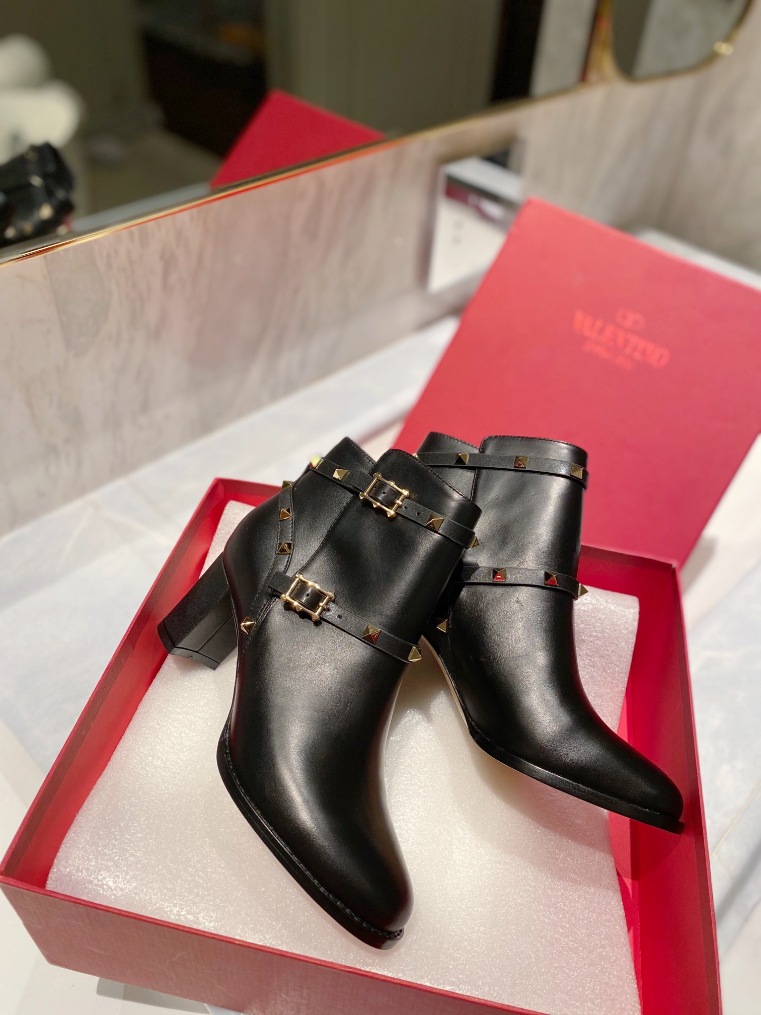 [TOP] VALENTINO 6cm/9cm High Heel Calfskin/Lychee-grained Cowhide Short Boots  - Black