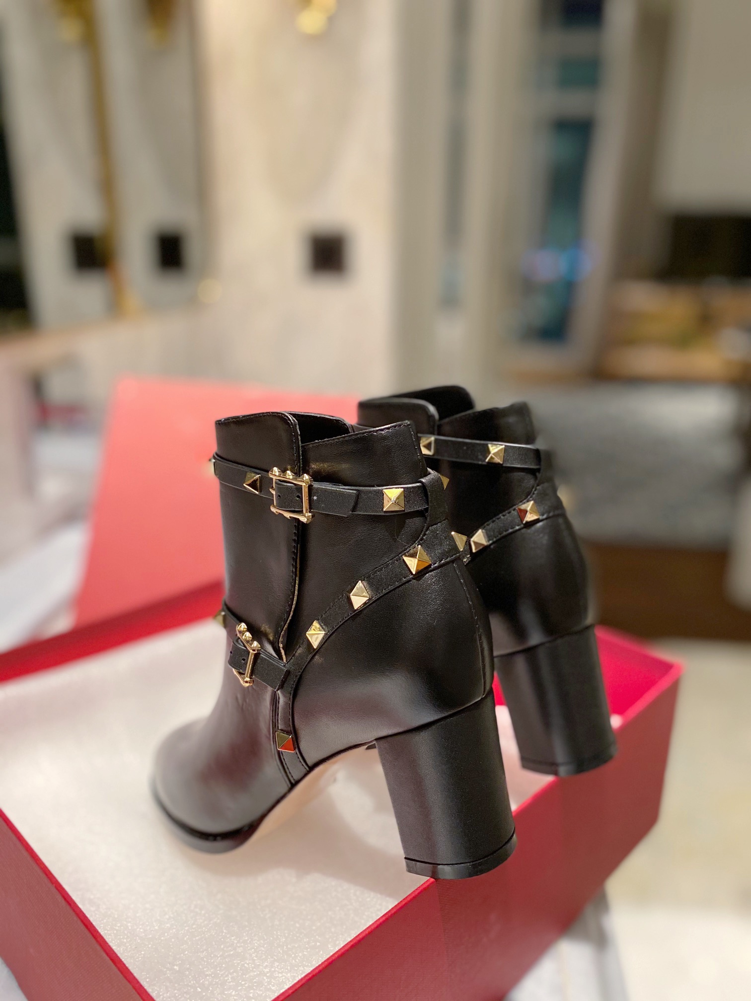 [TOP] VALENTINO 6cm/9cm High Heel Calfskin/Lychee-grained Cowhide Short Boots  - Black