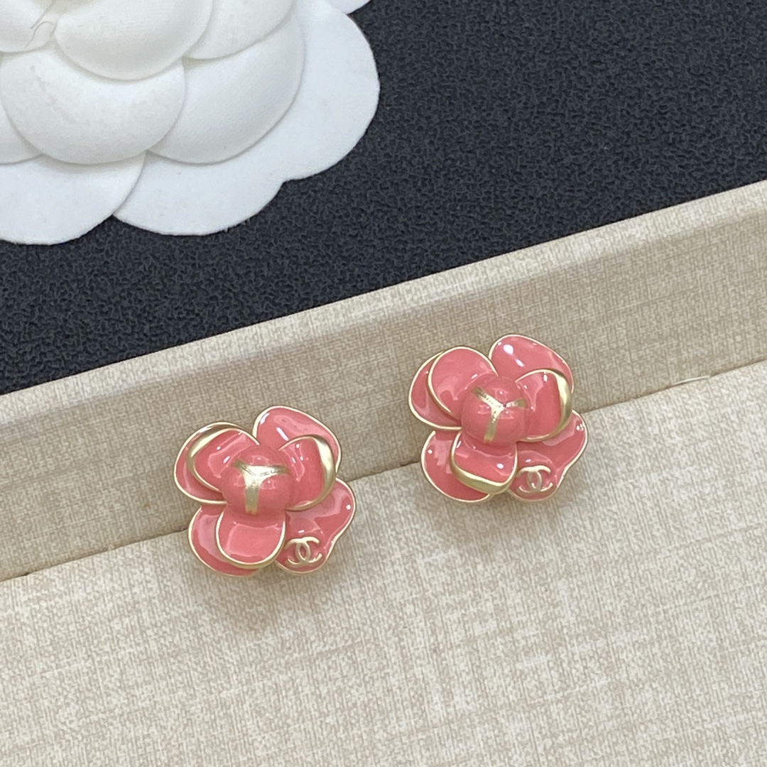 [TOP] CHANEL CC Flower Earrings - Gold/Pink