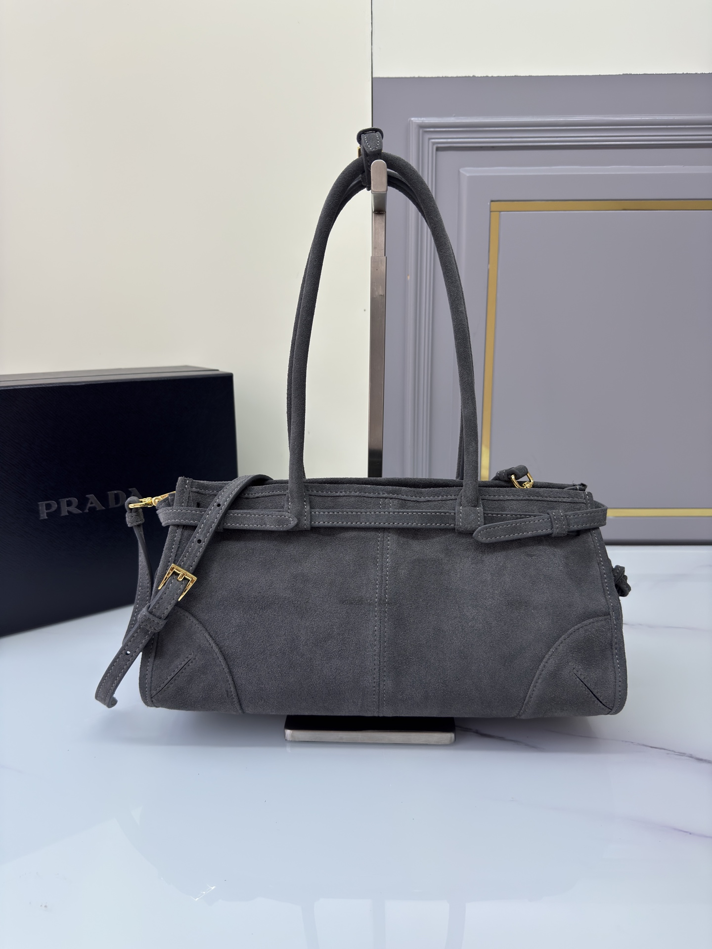[TOP] PRADA LusSolf Bag Suede 32x15.5x12cm - Gray