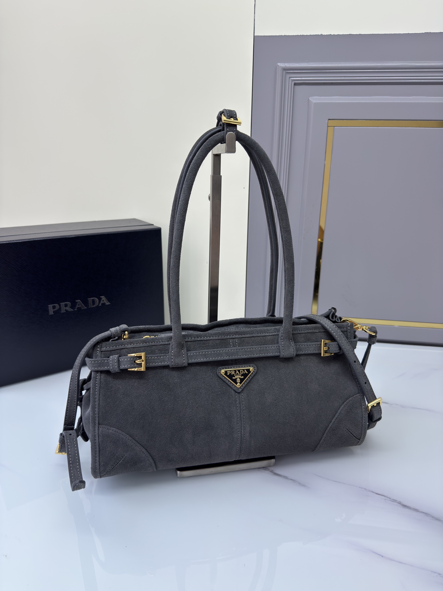 [TOP] PRADA LusSolf Bag Suede 32x15.5x12cm - Gray