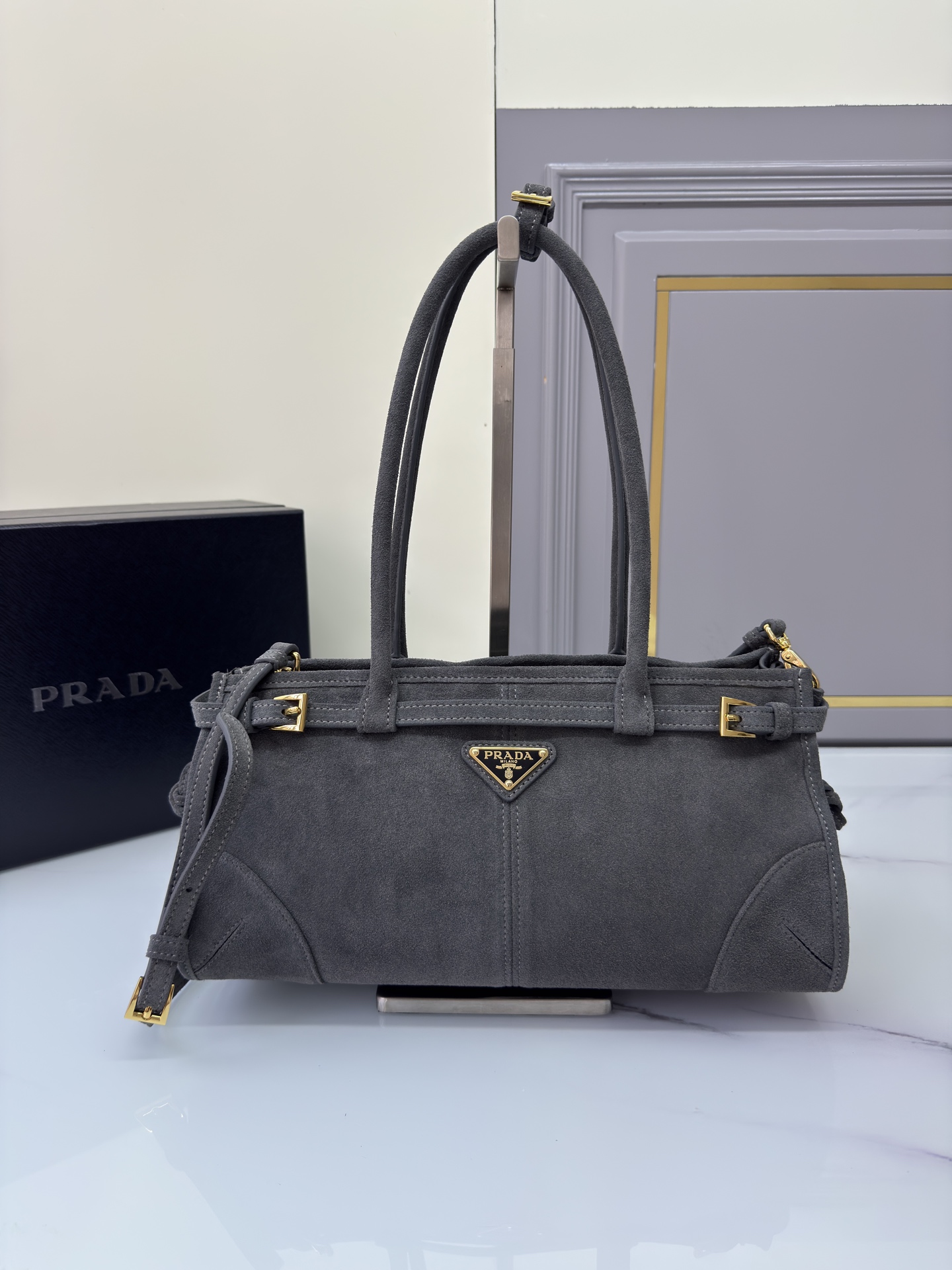 [TOP] PRADA LusSolf Bag Suede 32x15.5x12cm - Gray