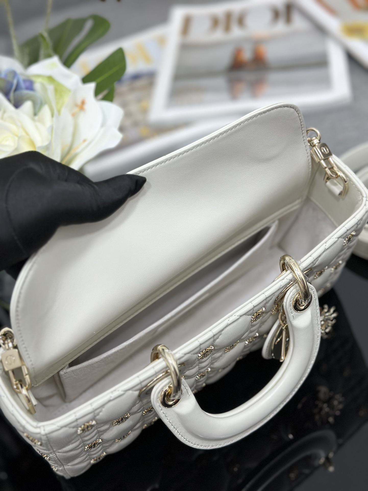 [TOP] Christian Dior Lambskin Sun Lady D-Joy Bags 26x13.5x5CM - White - GHW