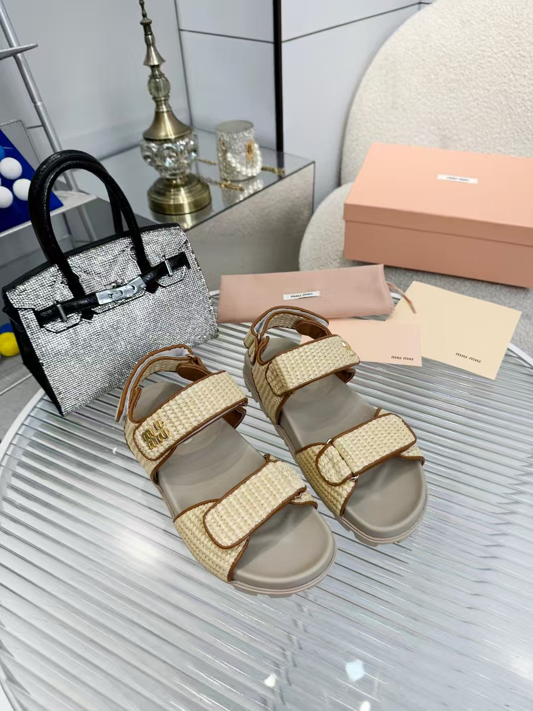[TOP] Miu Miu Matelassé Nappa Straw Sandals - Khaki