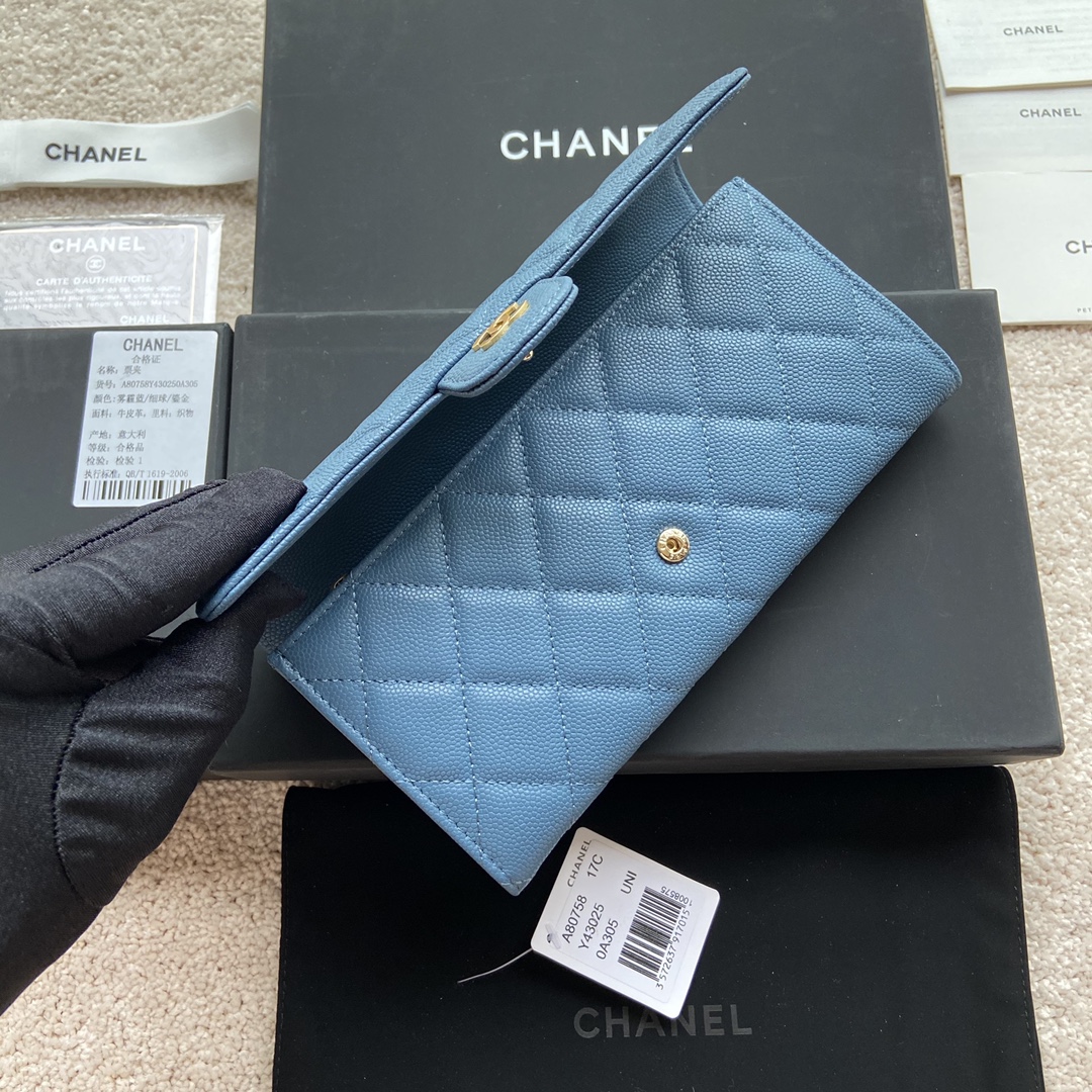 [TOP] CHANEL Long Folding Caviar Wallet 19×10.5×3cm - Blue