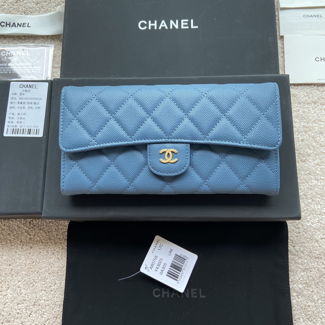 [TOP] CHANEL Long Folding Caviar Wallet 19×10.5×3cm - Blue
