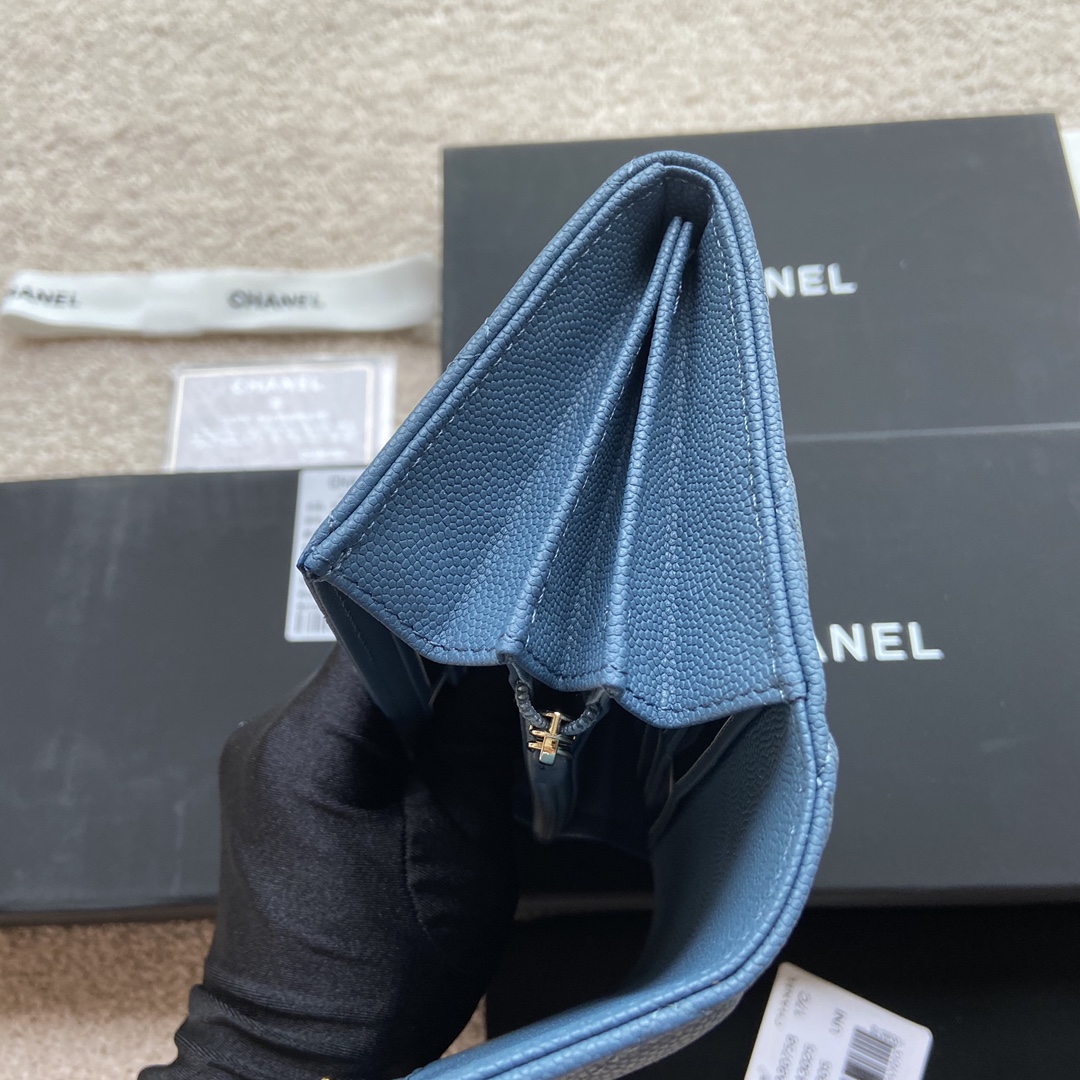 [TOP] CHANEL Long Folding Caviar Wallet 19×10.5×3cm - Blue