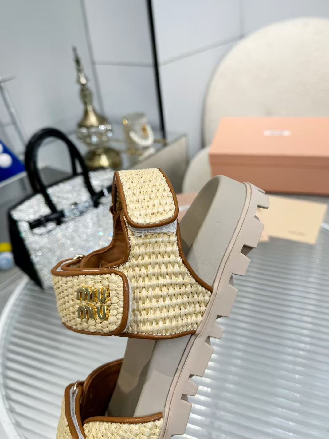 [TOP] Miu Miu Matelassé Nappa Straw Sandals - Khaki