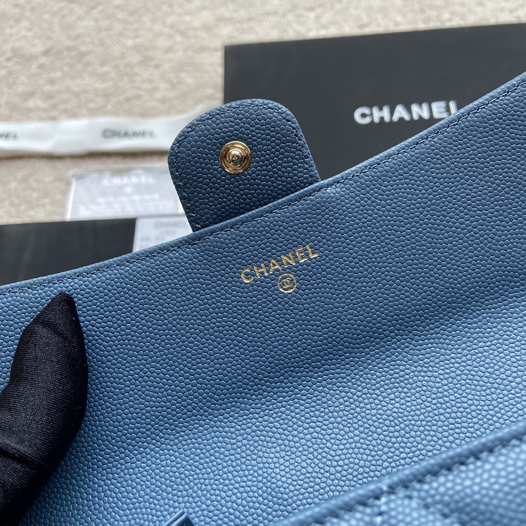 [TOP] CHANEL Long Folding Caviar Wallet 19×10.5×3cm - Blue