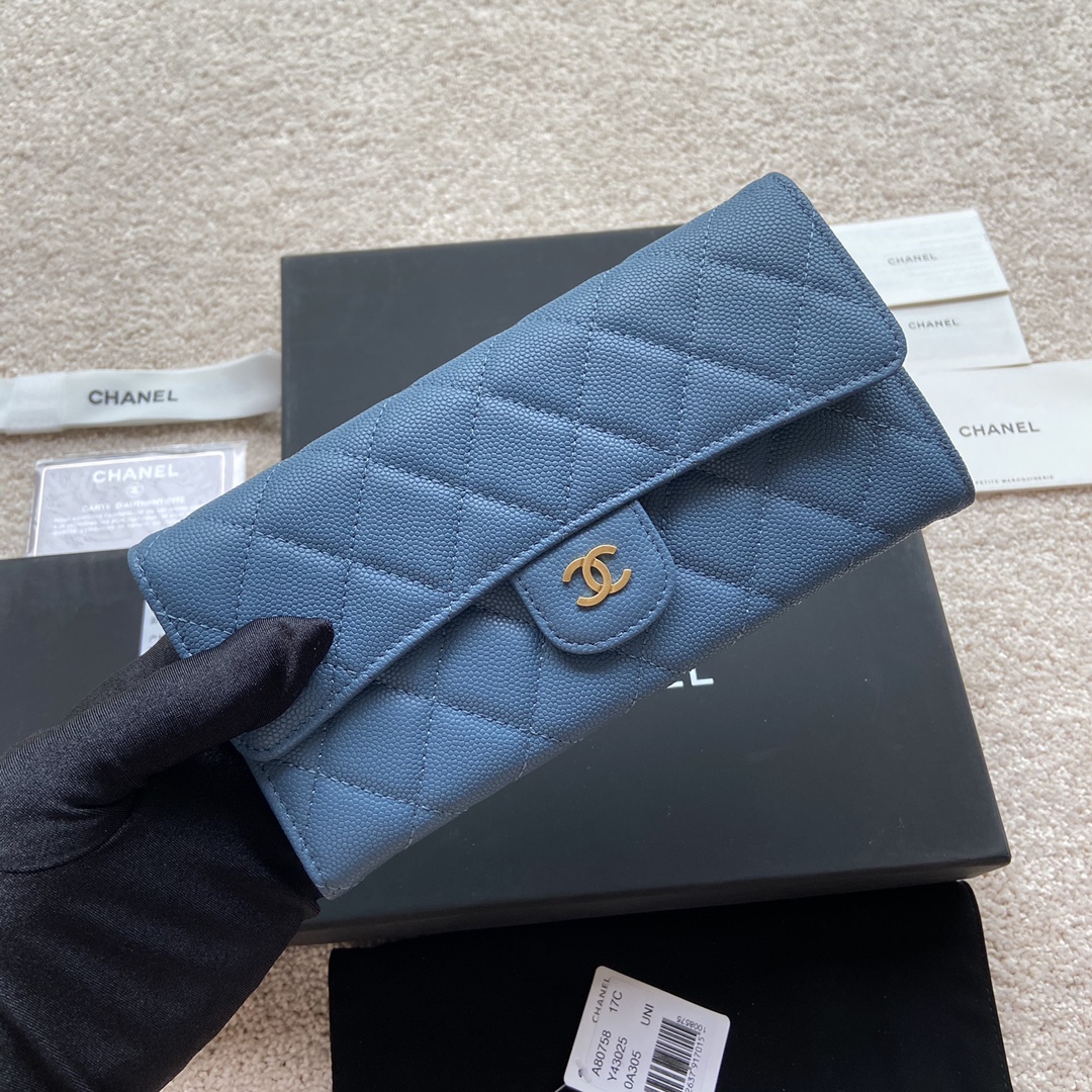 [TOP] CHANEL Long Folding Caviar Wallet 19×10.5×3cm - Blue