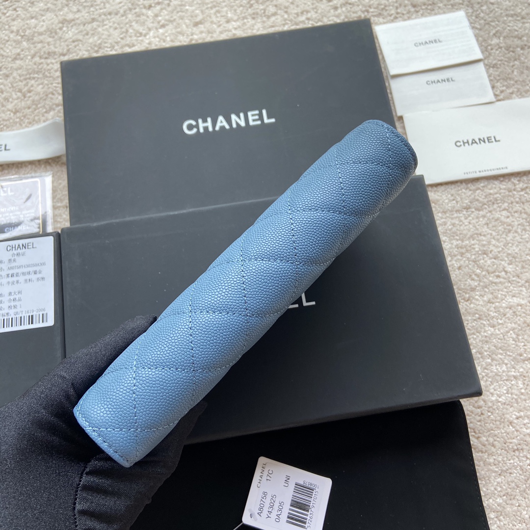 [TOP] CHANEL Long Folding Caviar Wallet 19×10.5×3cm - Blue