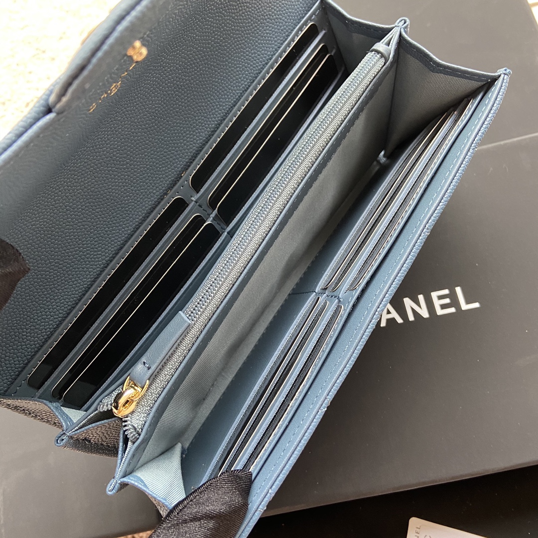 [TOP] CHANEL Long Folding Caviar Wallet 19×10.5×3cm - Blue
