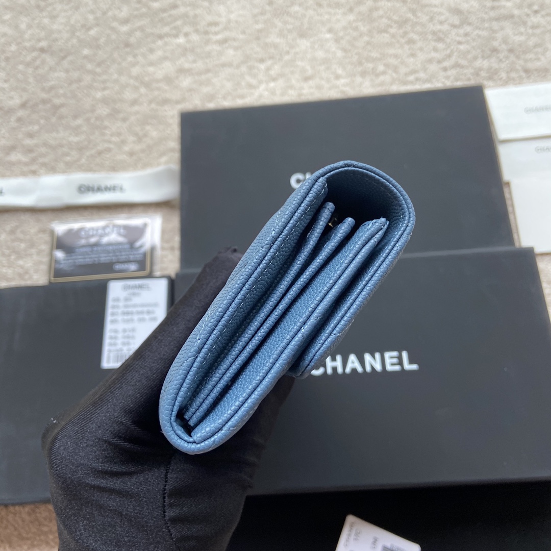 [TOP] CHANEL Long Folding Caviar Wallet 19×10.5×3cm - Blue