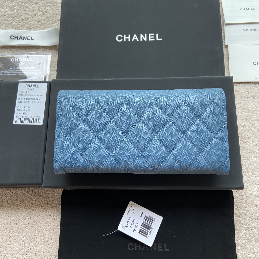 [TOP] CHANEL Long Folding Caviar Wallet 19×10.5×3cm - Blue