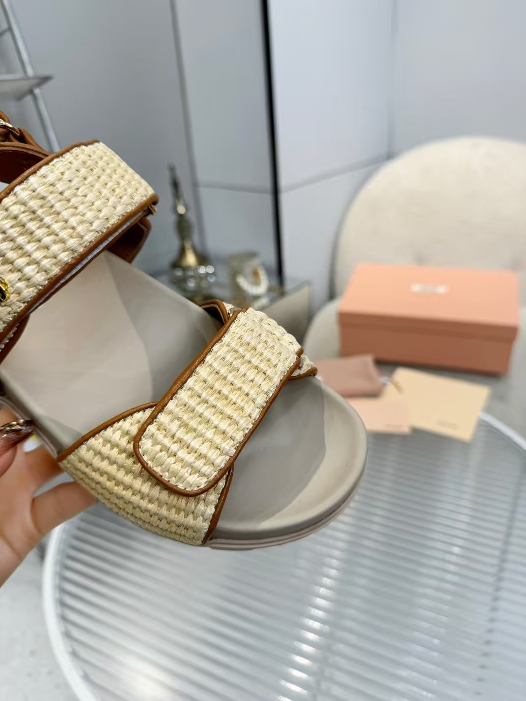 [TOP] Miu Miu Matelassé Nappa Straw Sandals - Khaki