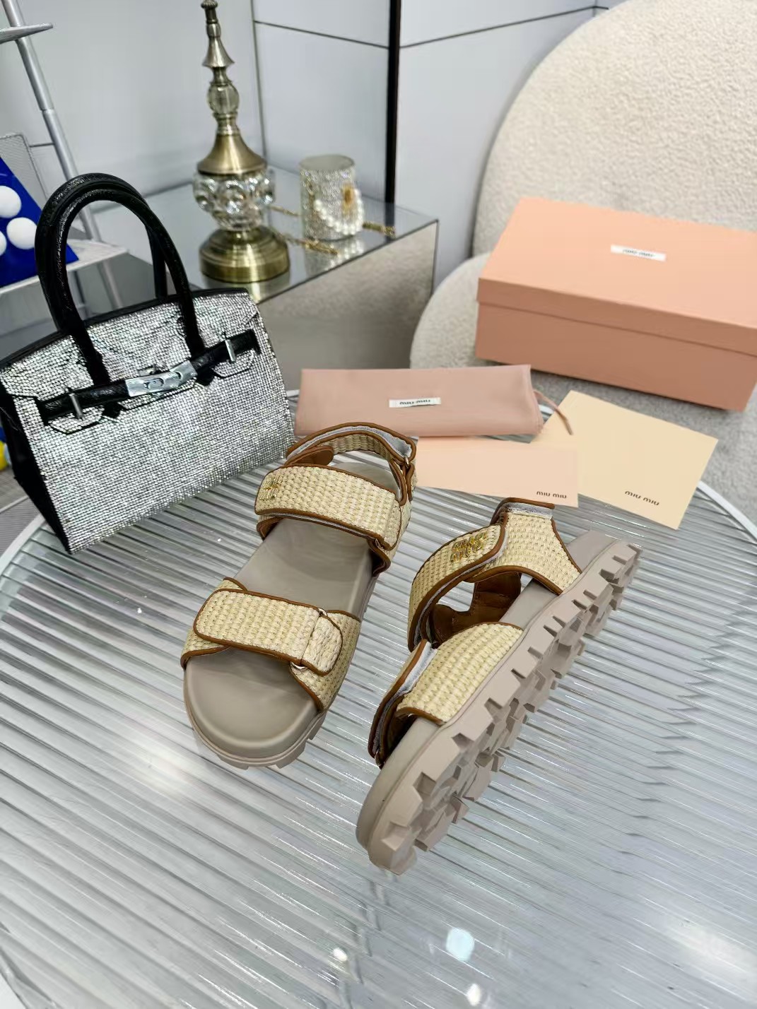 [TOP] Miu Miu Matelassé Nappa Straw Sandals - Khaki