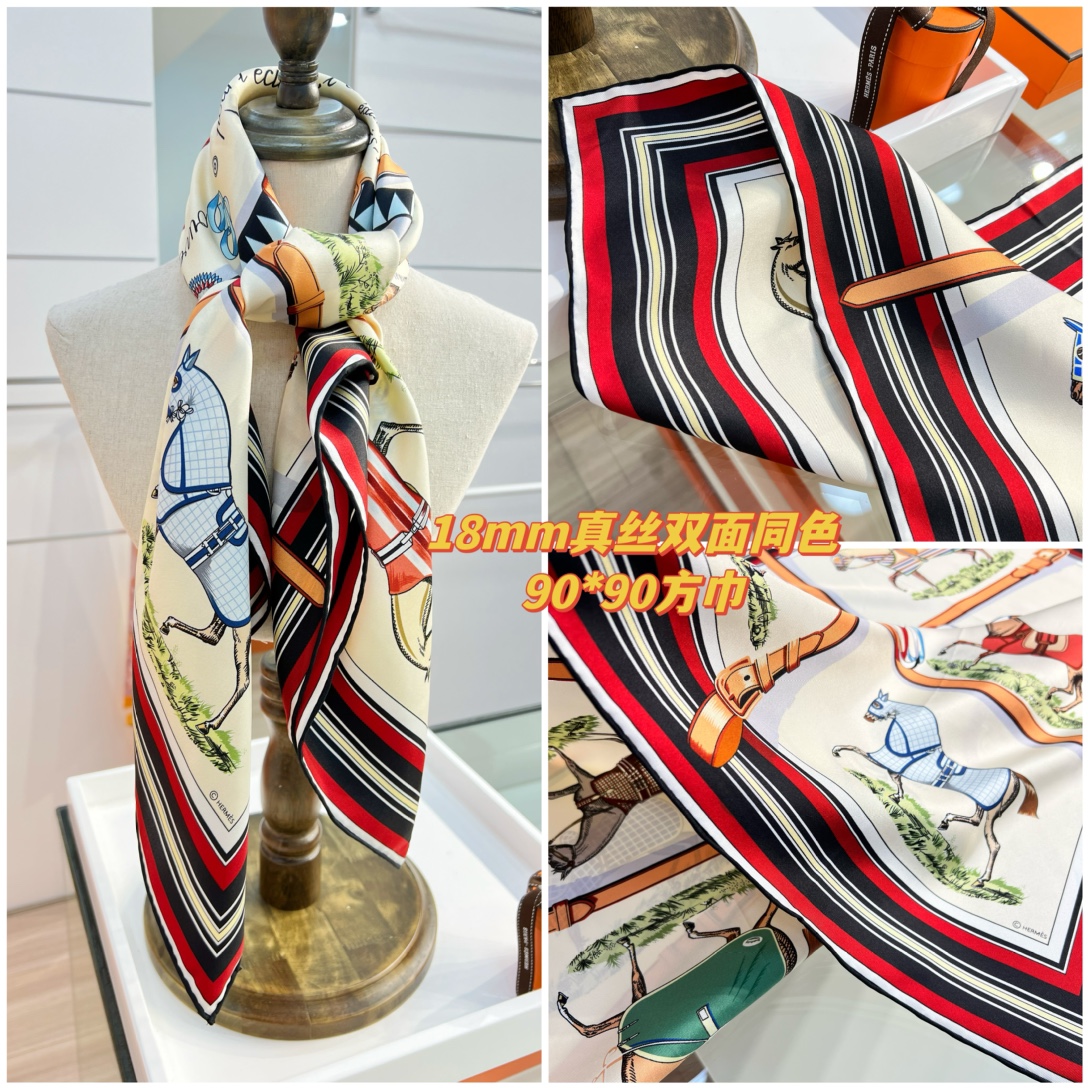 [TOP] HERMES Square Silk Scarf 90*90cm - Beige