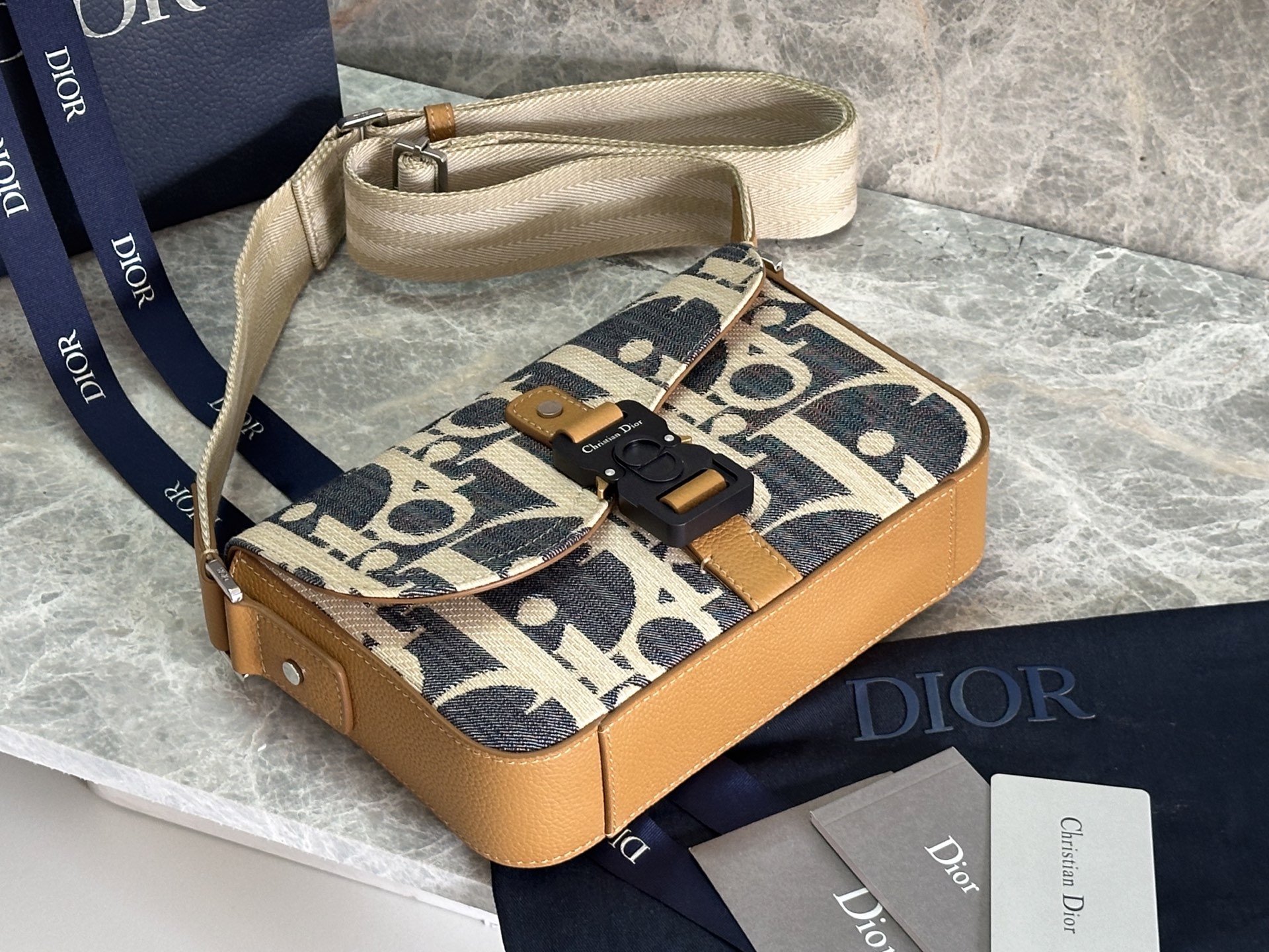 [TOP] Christian Dior Saddle Messenger Bag 24x16.5x5.5cm - Blue and Beige