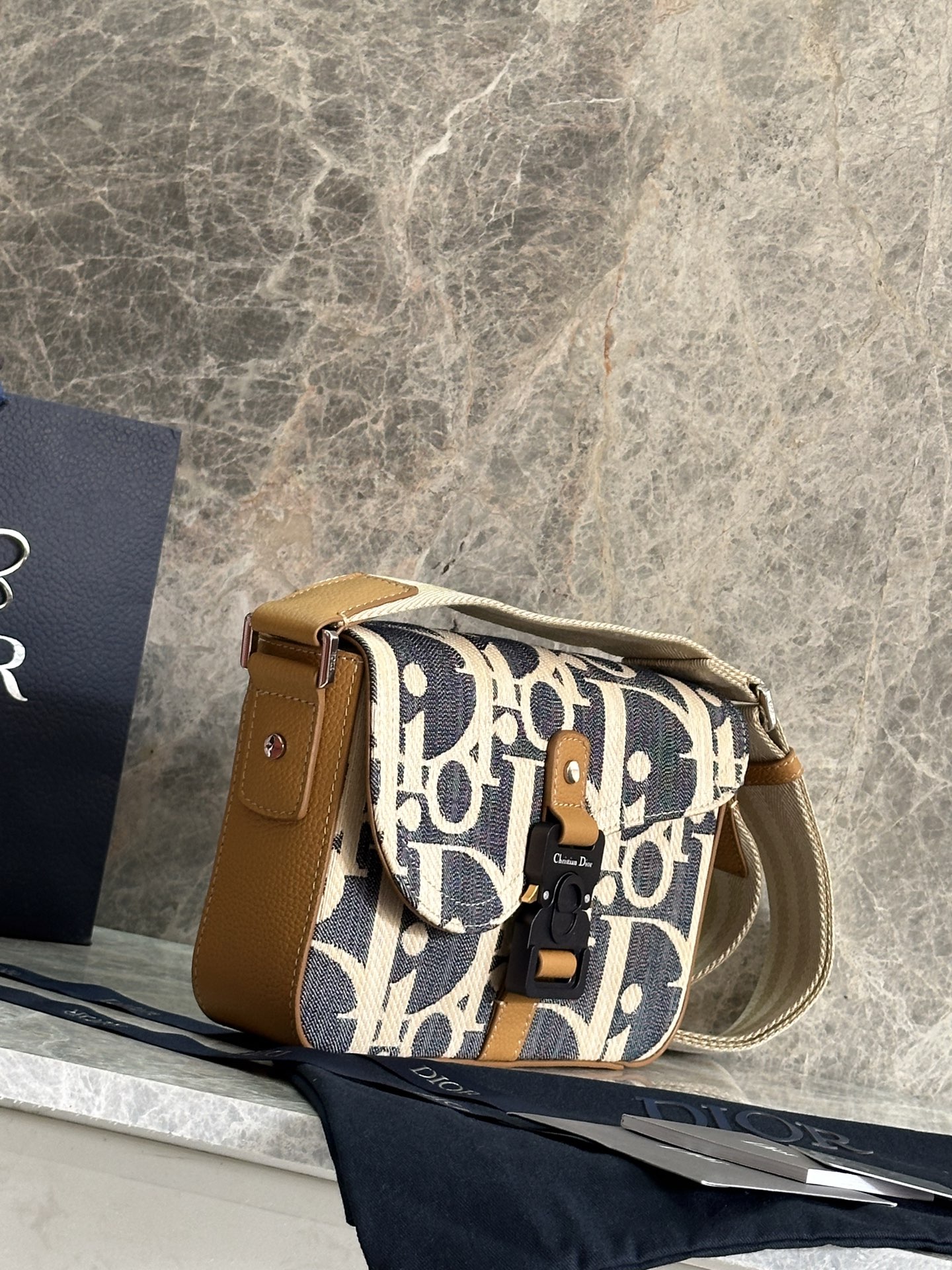 [TOP] Christian Dior Saddle Messenger Bag 24x16.5x5.5cm - Blue and Beige