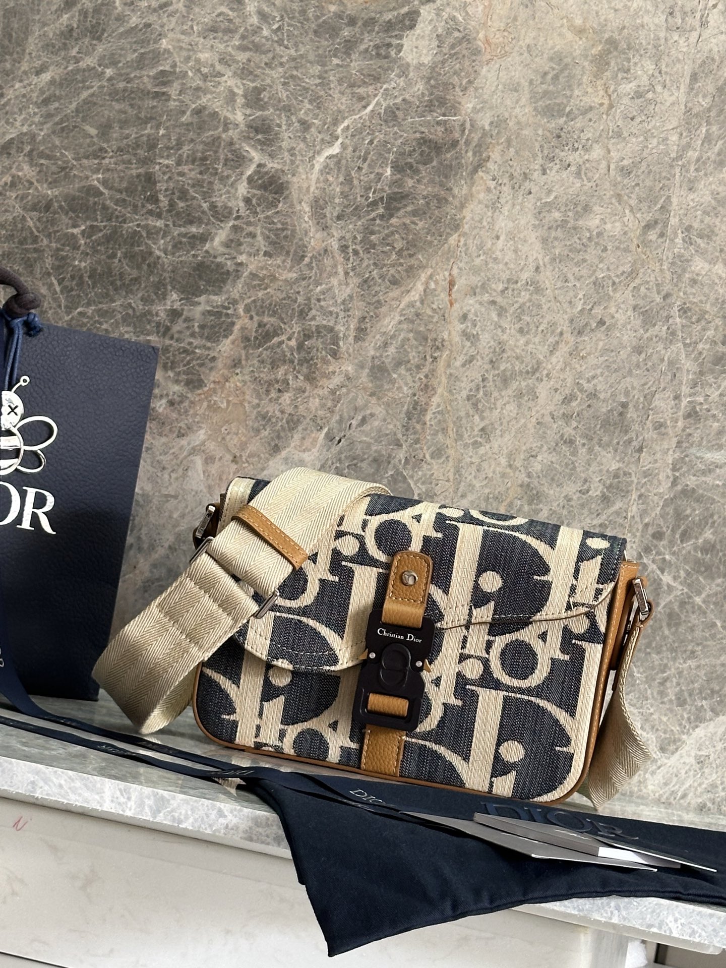 [TOP] Christian Dior Saddle Messenger Bag 24x16.5x5.5cm - Blue and Beige